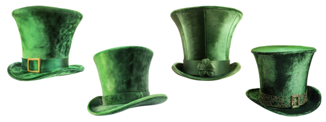 Set of green St. Patrick’s Day hats, isolated on transparent background