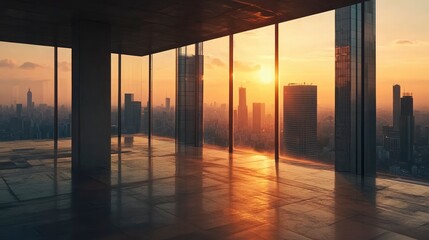 Fototapeta premium Empty square floors and city skyline with modern buildings at sunset in. high angle view.