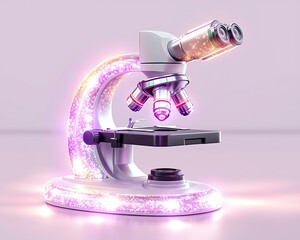 Flat art style icon AI-driven healthcare solutions with pastel neon colors featuring a glowing microscope with AI enhancements