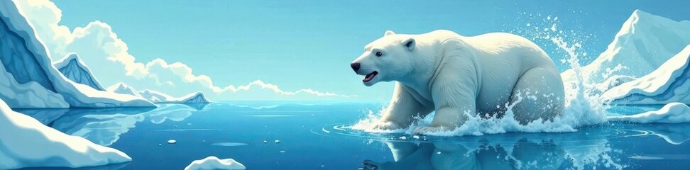 Cartoon polar bear takes a cannonball plunge into icy waters, sending waves and spray flying high , spray, winter, penguins