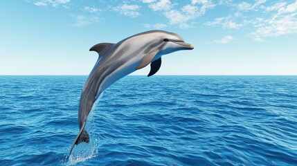 A dolphin leaps gracefully above the ocean's surface, showcasing its sleek body against a bright blue sky and shimmering water.