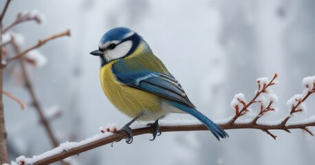 Obraz premium Blue tit perched on a small branch in the winter, birdsong, icy