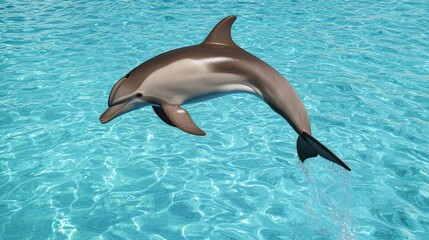 Obraz premium A dolphin gracefully leaps above the shimmering blue water, showcasing its agility and playful nature in a vibrant aquatic environment.