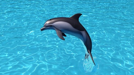Obraz premium A sleek dolphin leaps gracefully above sparkling blue water, showcasing its agility and beauty in a vibrant aquatic environment.