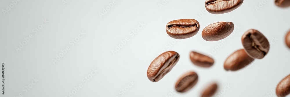 Poster roasted coffee beans are levitating on a clean background, creating a visually appealing scene for c