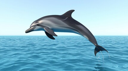 Fototapeta premium A playful dolphin leaps gracefully above the shimmering ocean surface, showcasing its agility against a serene blue backdrop.