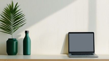 Fototapeta premium A minimalist workspace featuring a laptop, a green plant, and a decorative bottle on a wooden surface, illuminated by soft sunlight.