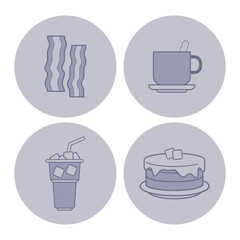 Collection of minimalist icons of popular food items, including bacon, cup of coffee, cold drink with ice, and layered cake. Simple design elements for menus, apps, or graphic design projects