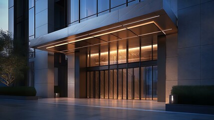 Obraz premium Elegant residential facade with subtle plaster patterns, glass canopies, and a combination of modern materials in a sleek evening view