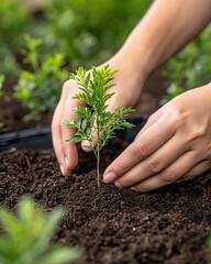 Fototapeta premium A person carefully plants a young green seedling into the soil, surrounded by lush greenery, symbolizing growth and nurturing.