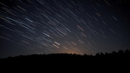 Starlit Sky Over Silhouetted Forest: Star Trails Captured in Long Exposure