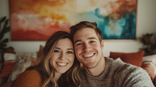 A stylish couple smiling for a selfie on a cozy couch, with a vibrant backdrop of watercolor art.