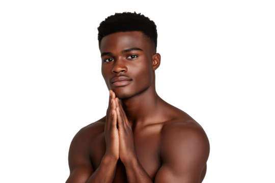 Young man with smooth skin in a thoughtful pose, skin care products model, isolated on transparent background