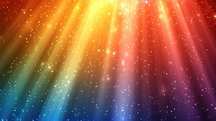 Vibrant rainbow rays of light creating a magical atmosphere with sparkling particles in the background