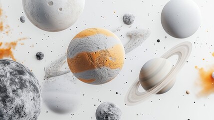 Fototapeta premium Planets, orbiting, space, nebula, white background, cosmic, design, illustration