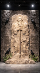 stone statue of mythical figure holding spear, surrounded by ravens and intricate carvings, evokes sense of ancient power and