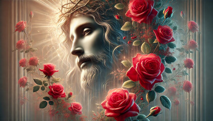Portrait of Jesus with an Aura of Light and Flowers