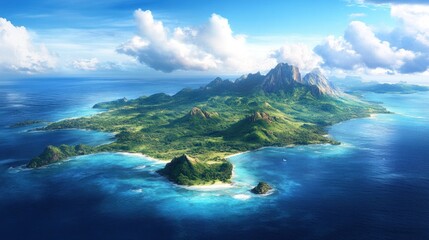 Tropical island aerial view, lush vegetation, ocean, clouds, tourism