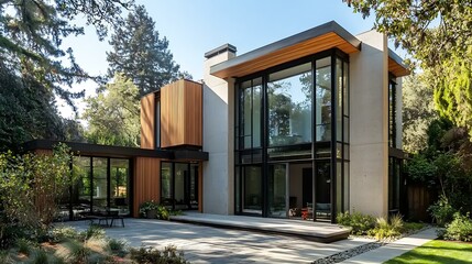 Fototapeta premium Contemporary design with vertical divisions on plaster surfaces, large black-framed windows, and warm wooden panels adding depth to the facade