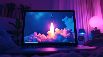 Laptop screen showing rocket launch, bedroom, night, website mockup