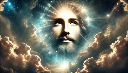 Portrait of Jesus with an Aura of Light and Flowers