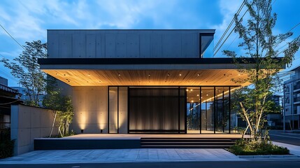 Fototapeta premium Textured concrete and smooth wooden accents blend seamlessly in the modern facade of a residential building with glass canopies and ambient lighting