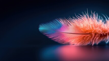 Obraz premium Solar Zenith concept. A vibrant, colorful feather with a soft texture, set against a dark background, showcasing intricate details and a mesmerizing blend of hues.
