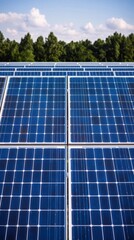 Solar Zenith concept. A close-up view of solar panels reflecting sunlight, surrounded by greenery, emphasizing renewable energy and sustainability.