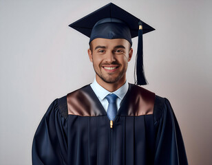 Estudiante latino graduado. Alegre con capa y birrete de graduación