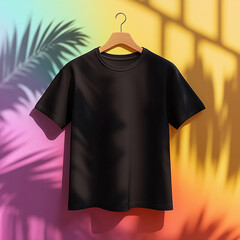 A black t shirt is hanging on a hanger with colorful gradient background