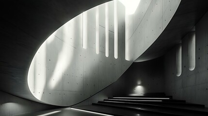Residential architecture featuring elegant cool white LED lighting, black-framed windows, and textured concrete elements in a photorealistic style
