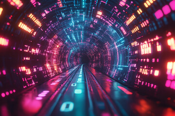 Vibrant digital binary tunnel with glowing numbers