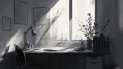 Sunlit Home Office Desk, Plants, Papers, Calm Background
