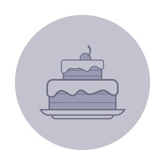 Simple, minimalist icon of two-tiered cake placed on plate. Cake adorned with frosting and topped with cherry. Suitable for menu concept