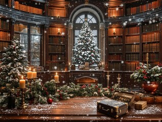 Obraz premium Christmas office setup on wooden desk in a snowy library scene, Festive decorations, library setting, workplace decor, snowy background, Christmas tree
