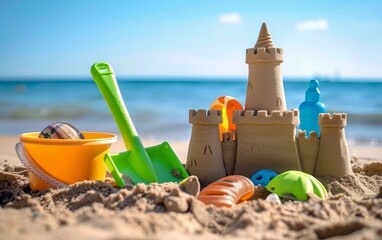 Children's sand castle adorned with beach toys and shells, showcasing a vibrant play scene on a sunny coastal backdrop.