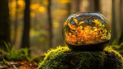 Autumn forest terrarium, illuminated plants, moss, nature, decoration