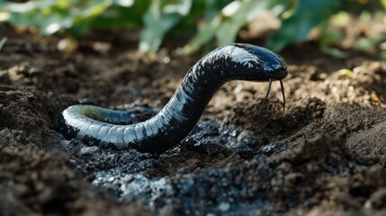 Fototapeta premium Black aquatic snake emerging from garden soil