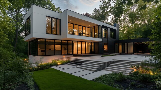 Modern structure with large windows, asymmetrical anthracite details, and a clean white plaster facade with subtle diagonal divisions