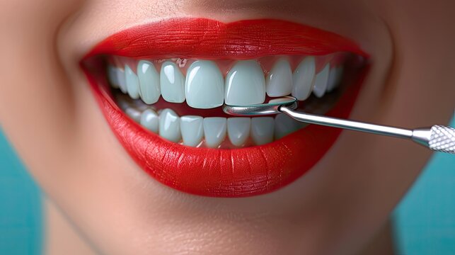 A close-up of a smiling woman with bright red lips, showcasing her teeth during a dental check-up.