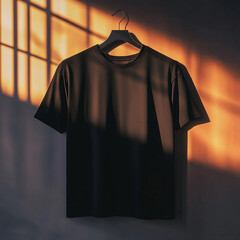 A black t shirt is hanging on a hanger with colorful gradient background