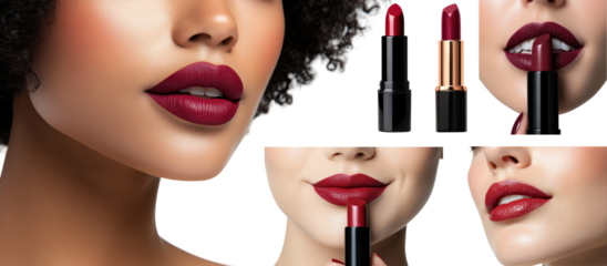Close up view of models lips, bold red lipstick shades, for beauty and cosmetics campaign,  isolated on transparent background