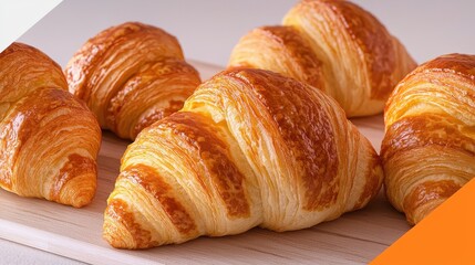 Golden, flaky croissants arranged on a wooden board, showcasing their rich texture and buttery shine.