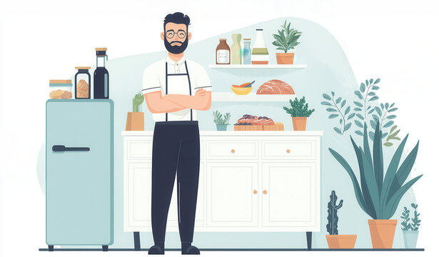 kitchen worker stands confidently in modern kitchen, surrounded by food and plants, showcasing hygienic food handling environment