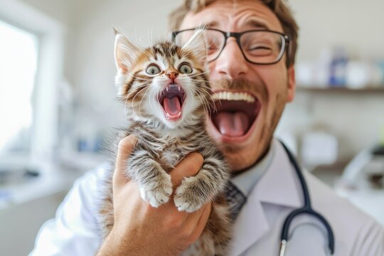 Veterinarian enjoys a joyful moment with a playful kitten in a clinic setting