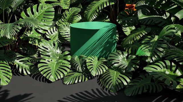 lush tropical foliage surrounding a modern green planter, nature and design concept