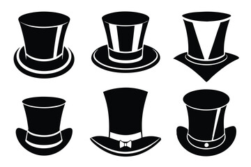 set of 6 top hat silhouette vector cartoon illustration