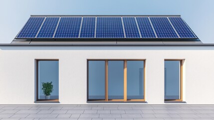 Fototapeta premium A modern house with solar panels on the roof, featuring large windows and a minimalist design, emphasizing sustainability and natural light.