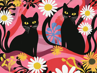 A black cat is sitting on a pink background with white flowers. 