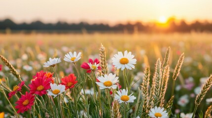 A vibrant field of colorful flowers glistens in the sunlight, creating a picturesque scene of nature at sunset.